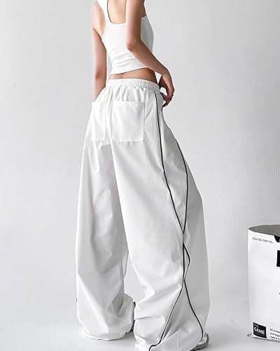 Unotobe Women's Y2K Baggy Parachute Pants High Waist Wide Leg Track Pants | Side Stripes Lightweight Cargo Joggers with Loose Fit Drawstring Elastic Waistband for Streetwear thumbnail 3