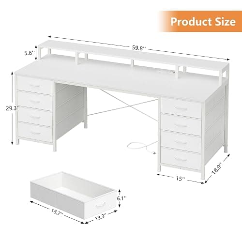 YOMILUVE 60 Inch Computer Desk with 8 Fabric Drawers, Gaming Desk with LED Lights & Power Outlets, Home Office Desk with Monitor Stand, White thumbnail 2