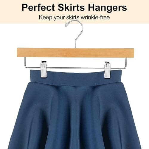 AMKUFO 20pcs Wooden Pants Hangers Solid Pants Hanger with Adjustable Clips 14 Inch Natural Wood Skirt Hangers Trousers Bottom Hanger with Non-Slip Clips and 360° Swivel Hook - Natural thumbnail 7