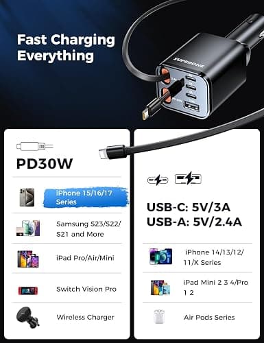 Retractable Car Charger, SUPERONE 99W Car Phone Charger with Cables Fast Charging, USB C Car Charger Adapter for iPhone 17 16 15 14 13 12, Samsung, Black thumbnail 6