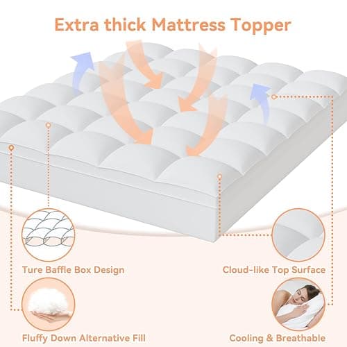 Twin XL Mattress Topper for Back Pain Relief, Extra Thick Pillow Top Plush Mattress Pad  with Deep Pocket, Soft Pillowtop TwinXL Size Bed Toppers Filled Fluffy, College Dorm (White, Twin XL) - White - Twin XL thumbnail 2
