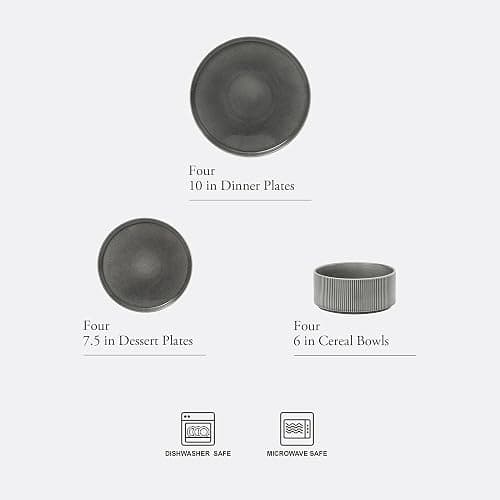 Gibson Elite Solana Coast 12 Piece Stoneware Reactive Glaze (Service for 4) Ceramic Plates and Bowls Modern Shape Embossed Dinnerware Set - Black thumbnail 3