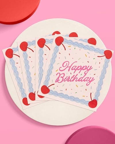 xo, Fetti Happy Birthday Napkins - 25 Paper Napkins | Birthday Decorations, Cake, Rainbow Sprinkles, Cherry, Icing, Party, Tablescape, Dessert thumbnail 6
