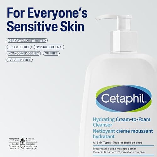 Cetaphil Cream to Foam Face Wash, Hydrating Foaming Cream Cleanser, For Normal to Dry, Sensitive Skin, with Soothing Aloe,Glycerin and Niacinamide, Hypoallergenic, Fragrance Free, 473 ml thumbnail 8