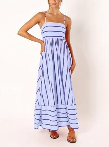 chouyatou Women's Striped Back Smocked Maxi Dress Sexy Spaghetti Strap Cut Out Flowy Swing Long Dress thumbnail 3