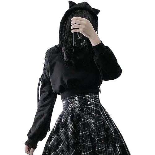 Loalirando Women's Cute Cat Ear Crop Top Oversized Hoodie Off Shoulder Hollow Out Long Sleeve Black Punk Gothic Sweatshirts (Black, Small) thumbnail 3
