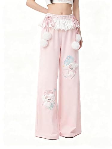 Women Y2k Kawaii 3D Plush Puppy Embroidery Sweatpants Harajuku Cutecore Lace Trim Bow Tie Baggy Casual Wide Leg Joggers thumbnail 7