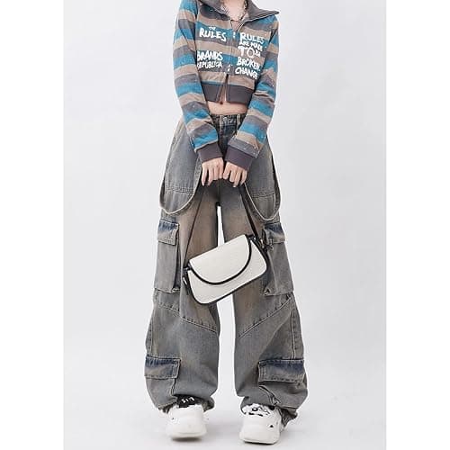 Gothic Women's Pants Street Trend Loose Multi Pocket Stitching Casual Straight Leg Wide Leg Washed Denim Vintage thumbnail 3