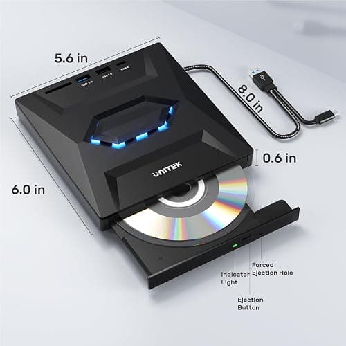 Unitek External CD DVD Drive, USB 3.0 Type-C Portable CD/DVD +/-RW Drive/DVD Player with SD Card Reader USB 3.0 USB C Hub CD ROM Burner Compatible for Laptop Desktop PC Mac Windows 11/10/8/7 Linux thumbnail 8
