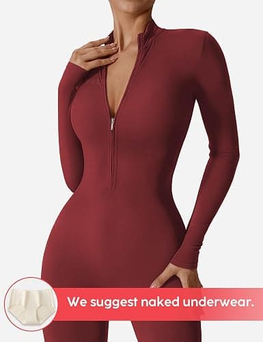 YEOREO Women Long Sleeve Workout Jumpsuit Zip Up Romper Bottom Pants Bodysuit Bodycon Sexy One Piece thumbnail 2