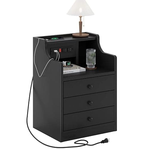 ADORNEVE Black Nightstand with Charging Station & Drawers | Night Stand for Bedroom,End Table with Hutch & 3 Storage Drawers thumbnail 8