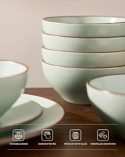 Famiware Venus Plates and Bowls Sets, 24 Pieces Stoneware Speckled Dinnerware Dishes Set for 8, Light Green - Microwave & Dishwasher Safe, Modern Minimalist, for Everyday Meals & Formal Dining thumbnail 5