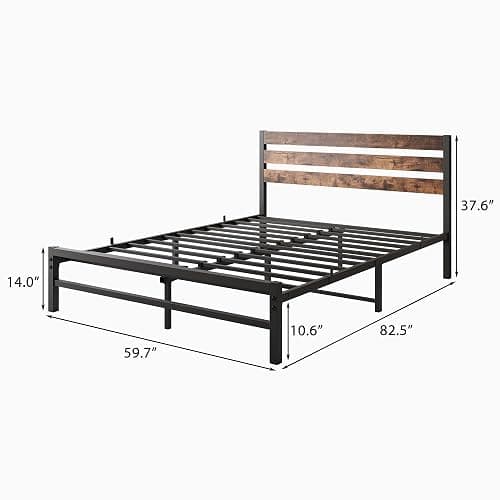 FHUKMZOI Brown Queen Size Bed Frame with Headboard, Rustic Vintage Heavy Duty Metal Bedframe, Platform Bed Support Mattress Foundation, No Box Spring Needed (Brown, Queen) thumbnail 2
