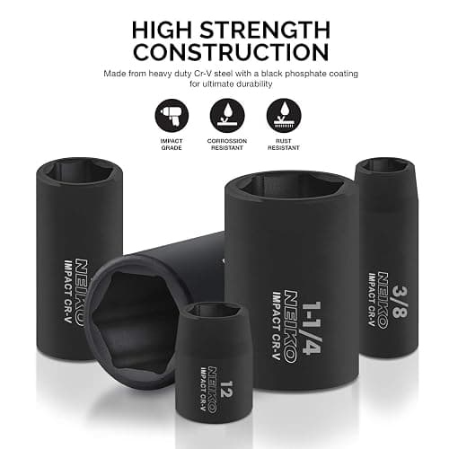 NEIKO 02448A 1/2" Drive Master Impact Socket Set, 65 Piece, Standard SAE (3/8"-1-1/4") & Metric (10-24 mm) Sizes, Deep & Shallow Kit, Includes Adapters & Ratchet Handle thumbnail 3