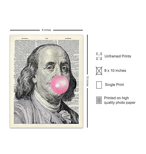 Ben Franklin - Benjamin Franklin - Funny Wall Decor for Living Room, Bedroom, Dorm - Unique Original Bubble Gum Wall Art - Hundred Dollar Bill Room Decor - Dictionary Art - Gag Gift thumbnail 2