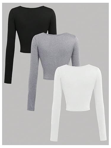SOLY HUX Girl's 3 Piece Long Sleeve T Shirts Square Neck Basic Slim Fitted Tees Crop Tops Black Grey White 14Y thumbnail 2