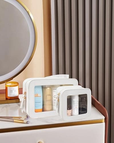 FFpaw 2 Pcs Travel Clear Makeup Bag Set, Clear Makeup Organizer with Zipper Leather Travel Bags for Toiletries Small Cosmetic Bags for Women Mini Make up Pouch Toiletry Bags Car Essentials thumbnail 2