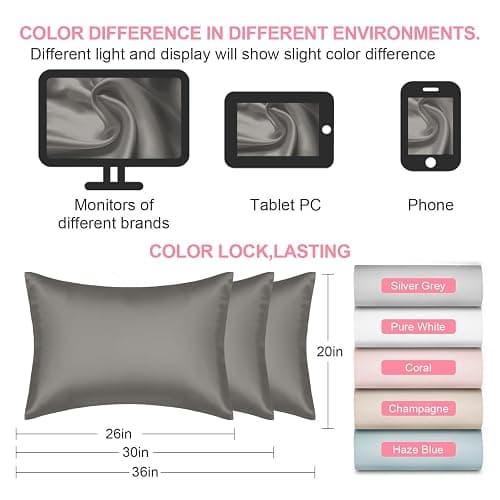 Mulberry Silk Pillow Cases Standard Size with Hidden Zipper, Ultra Smooth and Soft Breathable Cooling Silk Satin Pillowcase for Hair and Skin, Gifts for Women Men (Dark Grey, 20x26 Inches, 1 Pack) thumbnail 2