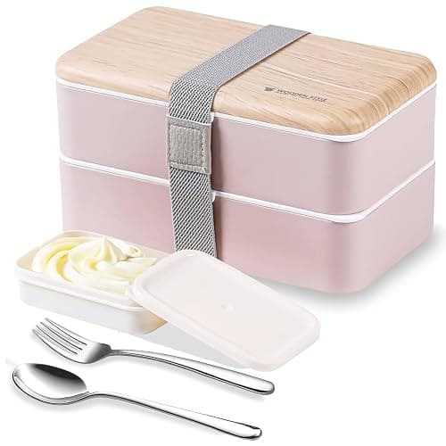 Original Bento Box Brotdose Lunchbox für Erwachsene/Kinder mit Fächern Essensbox Bündel Teiler Japanischer Stil mit Ddelstahl Besteck Löffel und Gabel (Rosa) - Image 1