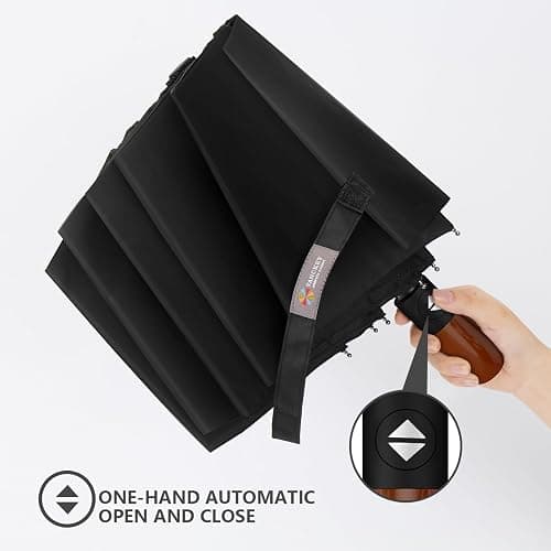 MIKAFEN Umbrella Windproof With Wood Handle - Travel and Automatic, Umbrella Compact for Men and Woman - with 10 Ribs Fiberglass and Compact Rain Protect（Black） thumbnail 6
