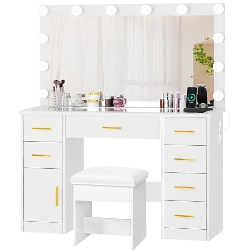 ANWBROAD Large Vanity Desk with Lighted Mirror White Makeup Vanity Set with Glass Top & Power Outlet & 7 Drawers Storage 3 Color Lighting Modes Dressing Table with Stool for Bedroom Women Girl UBDT83W thumbnail 9