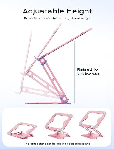 JCZT Adjustable Laptop Stand for Desk, Metal Foldable Laptop Riser, Portable Laptop Holder Mount, Ventilated Cooling Computer Notebook Stand for MacBook Air Pro, All 10-16'' Notebooks Laptops, Pink thumbnail 3