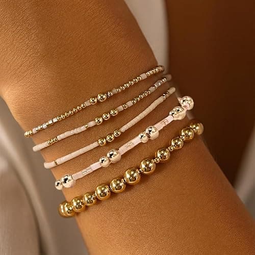 SHINUS BOHO 14K Gold Plated Pearl Beaded Cross Bracelets Stack Set for Women,Stretch Boho Colorful Christian Beads Ball Jewelry Friendship Summer Trendy Gift thumbnail 5