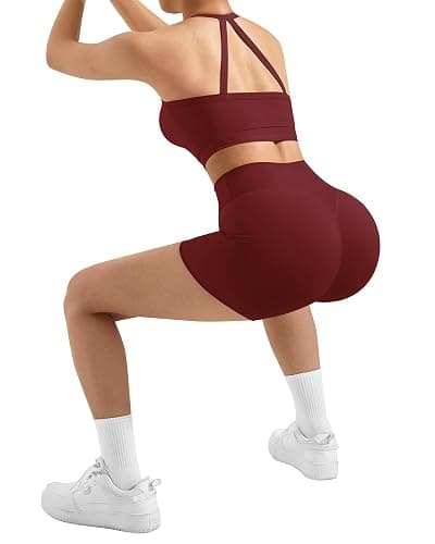 SUUKSESS Women 2 Piece Workout Sets High Waisted Tummy Control Biker Shorts Halter Padded Tank Tops thumbnail 3