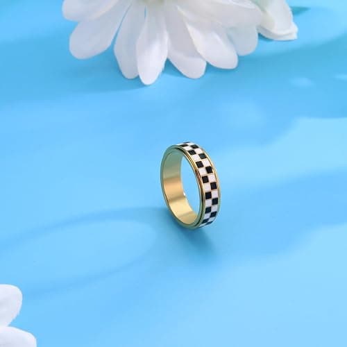 AmorArtSky Checkered Fidget Ring for Adults - 18K Gold Plated Stainless Steel Rotating Spinner Jewelry, Anxiety & Stress Relief Gift for Women/Men (Black and White Pattern) thumbnail 6