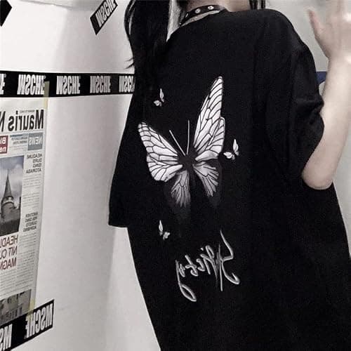 Gothic T Shirt Women Butterfly Print Short Sleeve T Shirt Women Loose Harajuku Style Black Design Short Sleeve Top thumbnail 3