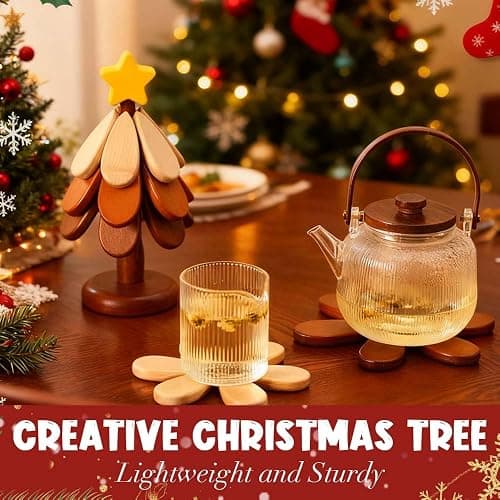 Untersetzer Holz Set für Baumkunst, 2026 Neu Weihnachtsbaum Topfuntersetzer Faltbare, 3/4 Holzuntersetzer + 1 Ständer Küchenzubehör für heiße Töpfe, Pfannen, Schüssel, Pfannenschoner (3Pcs #B) thumbnail 6