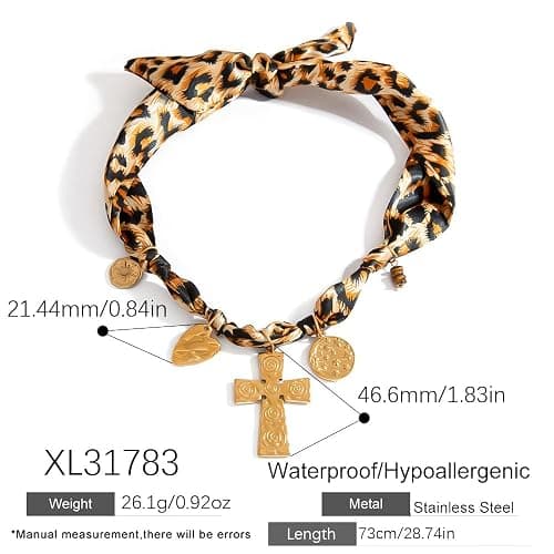 Klyxosh Scarf Necklace with Charm, Bandana Necklace with Gold Dainty Pendants - Chunky Cross, Heart, Flower, Conch, Boot, Cowboy Hat, Boho Beach Vintage Scarf Necklaces, Stylish Jewelry Gift thumbnail 6