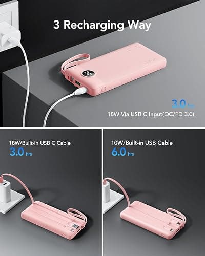 VRURC Portable Phone Charger, 20W PD Fast Charging Portable Charger for iPhone, 10000mAh Battery Bank with Cables, 4 Output 3 Input USB C Battery Pack for iPhone 17 16 15 14 13,Samsung Galaxy-Pink thumbnail 6
