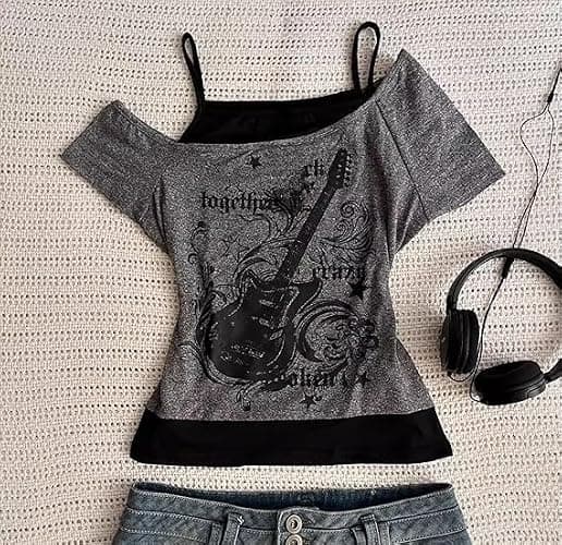 Y2k Baby Tee Women Crop Top Summer 2025 Streetwear 2000s Goth Emo Grunge Shirts Fake 2 Piece Grahpic Tees thumbnail 4