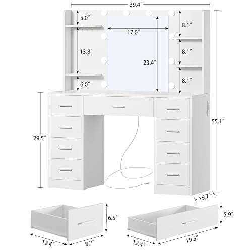 FIONESO Vanity Desk with Mirror and Lights, Makeup Vanity with 9 Drawers, 4 Shelves & 5 Jewel Hooks, White Vanity with Outlet & 3-Color Dimmable LED, Dressing Table for Women, Bedroom, White thumbnail 2