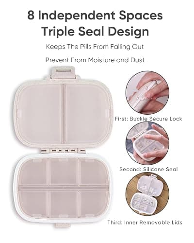Holii Travel Pill Organizer, 8 Compartments Portable Pill Case, Daily Pill Box to Hold Vitamins, Small Pill Container for Pocket Purse Medicine Organizer（Khaki） thumbnail 5