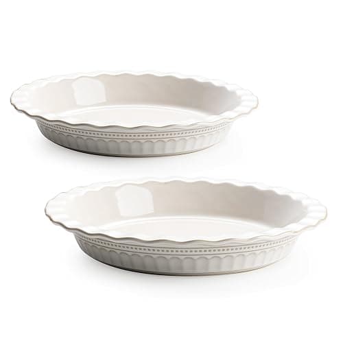 MIKIGEY Ceramic Pie Pan for Baking, 9 inch Pie Pans Set of 2, Round Pie Dish for Dessert Kitchen, Farmhouse Vintage Color Pie Plate, Oven & Dishwasher Safe, Off-White - Image 1