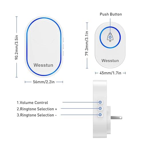 Wesstun Wireless Doorbell, Waterproof IP67 Operating at 150 Meters with 39 Tones, 5 Levels Volume Adjustment and LED Indicator, Easy Installation in Home, Classroom and Hotel, White thumbnail 2