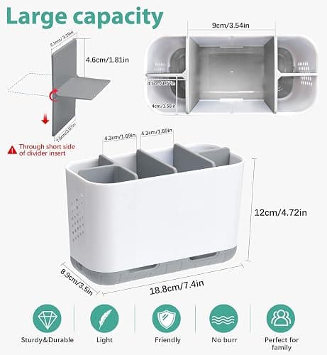 Boperzi Toothbrush and Toothpaste Holder Drainage for Bathroom Countertop with Adjustable Dividers, Large Toothpaste Caddy Organizer Storage Rustic Decor Set Anti-Slip for Shower,Family,Kids Gray thumbnail 2
