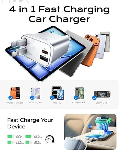 LISEN Retractable Car Charger for iPhone, for iPhone 17 Pro Max 16 15 14 13 12 Plus Mini, Cute 4 in 1 Retractable USB C Car Charger Fast Chareg for Women Men, 84W Fast Charging Car Accessorie thumbnail 6
