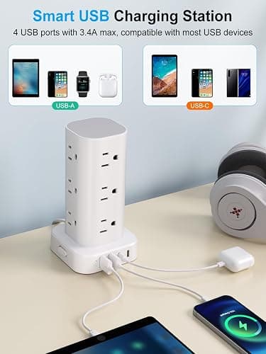 Power Strip with Wireless Charger, Flat Plug Surge Protector with 10FT Extension Cord, 12 AC Multiple Outlets, 4 USB (2 USB C), 15W Wireless Charging Power Tower for Home Office Dorm, White thumbnail 5
