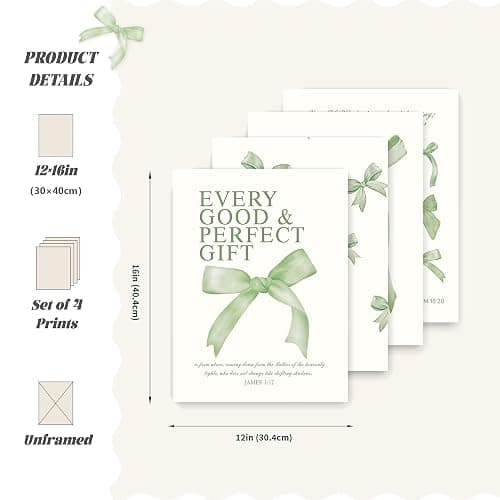 LARTSFRO Coquette Sage Green Bow Wall Art Decor Posters, Sage Green Bow Room Bedroom Bathroom Wall Art Decor Aesthetic for Teen Girls Gifts, Inspirational Bible Verses Bow Wall Decor, 12x16 Inch Set of 4 Bow Pictures Unframed thumbnail 2