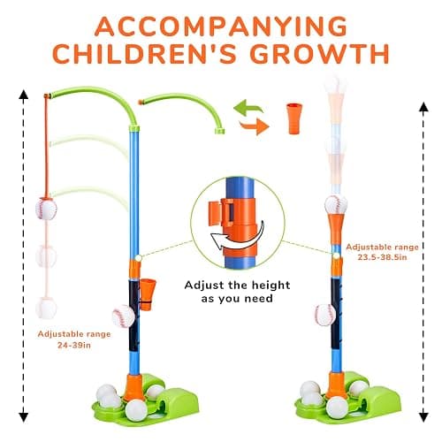 JoyCat 3-in-1 T Ball Set for Kids 3-5,Toddler Baseball Set-T Ball Stand,Hanging Tee,Auto Launcher,6 Balls-Adjustable Height Sports&Outdoor/Indoor Toys for 3 4 5 6 7 8 Year Old Boy Girl Birthday Gift | Adjustable stand switches among tee, hanging-ball and auto-launcher play for indoor or backyard batting practice thumbnail 6