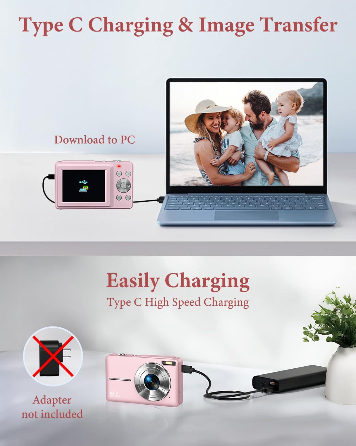 Digital Camera, Camkory FHD 1080P Point and Shoot Digital Camera 44MP Kids Camera 16X Digital Zoom, Anti Shake Small Travel Camera with 32GB SD Card, Two Batteries (Light Pink) thumbnail 4
