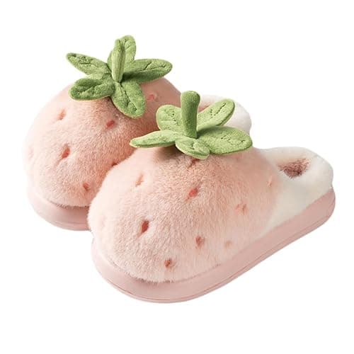 Zigihos Strawberry Fuzzy Friut Slippers for Women, Cute Fluffy Plush Warm House Couple Slippers, Winter - Image 1