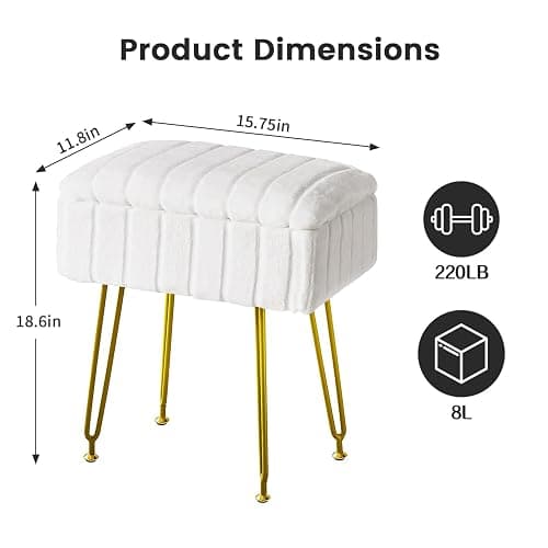 FUXA Vanity Stool Chair with Storage, White Faux Fur Makeup Chair with 4 Metal Legs and Anti-Slip Feet, Soft Padded Seat, Small Footrest Footstool Ottoman, Multifunctional Stool for Bedroom thumbnail 3