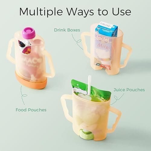 Momcozy Squeeze Pouch Holder for Food Pouches and Drink Boxes, Baby Pouch Holder Allows Baby to Self-feed and Avoid Messes, Baby Food Pouch Holder Handle is Easy to Grip, Comfortable, Green&Orange thumbnail 2