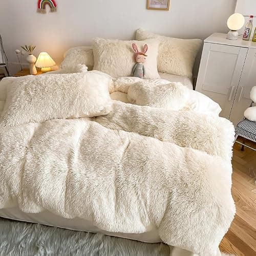 chovy Kids Girls Faux Fur White Comforter Sets Twin/Full - 3PC Bed Set Skin Friendly Soft Warm Comfortable Classical Rabbit Plush Velvet Flannel Fluffy Fuzzy Bedding（Comforter x 1 Pillowcases x 2） thumbnail 2