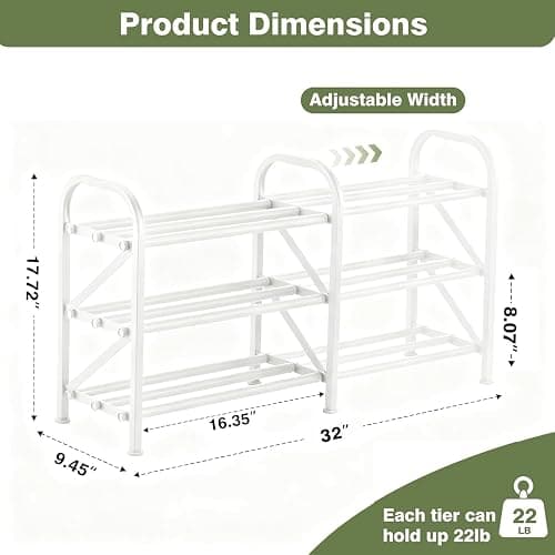 Atrastout 3-Tier Shoe Rack for Closet, 16"-32" Expandable Shoe Rack Adjustable for Entryway Closet Doorway Sturdy Metal, White thumbnail 3