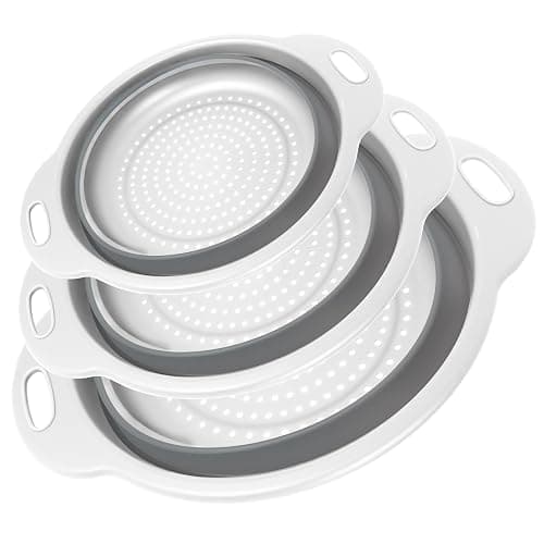Cluren Collapsible Colander 3-Pack Set Space-Saving Foldable Kitchen Strainer with Non-Slip Base Durable Thickened PP+TPE Collapsible Strainers for Pasta, Vegetables, Fruits (Gray-White) - Image 1